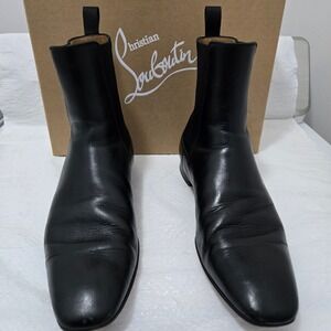 Christian Louboutin Mens Black Leather Chelsea Boots Red Bottoms Size 44 EU